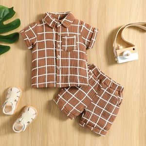 Brown and White pin stripe 2 piece baby boys outfit